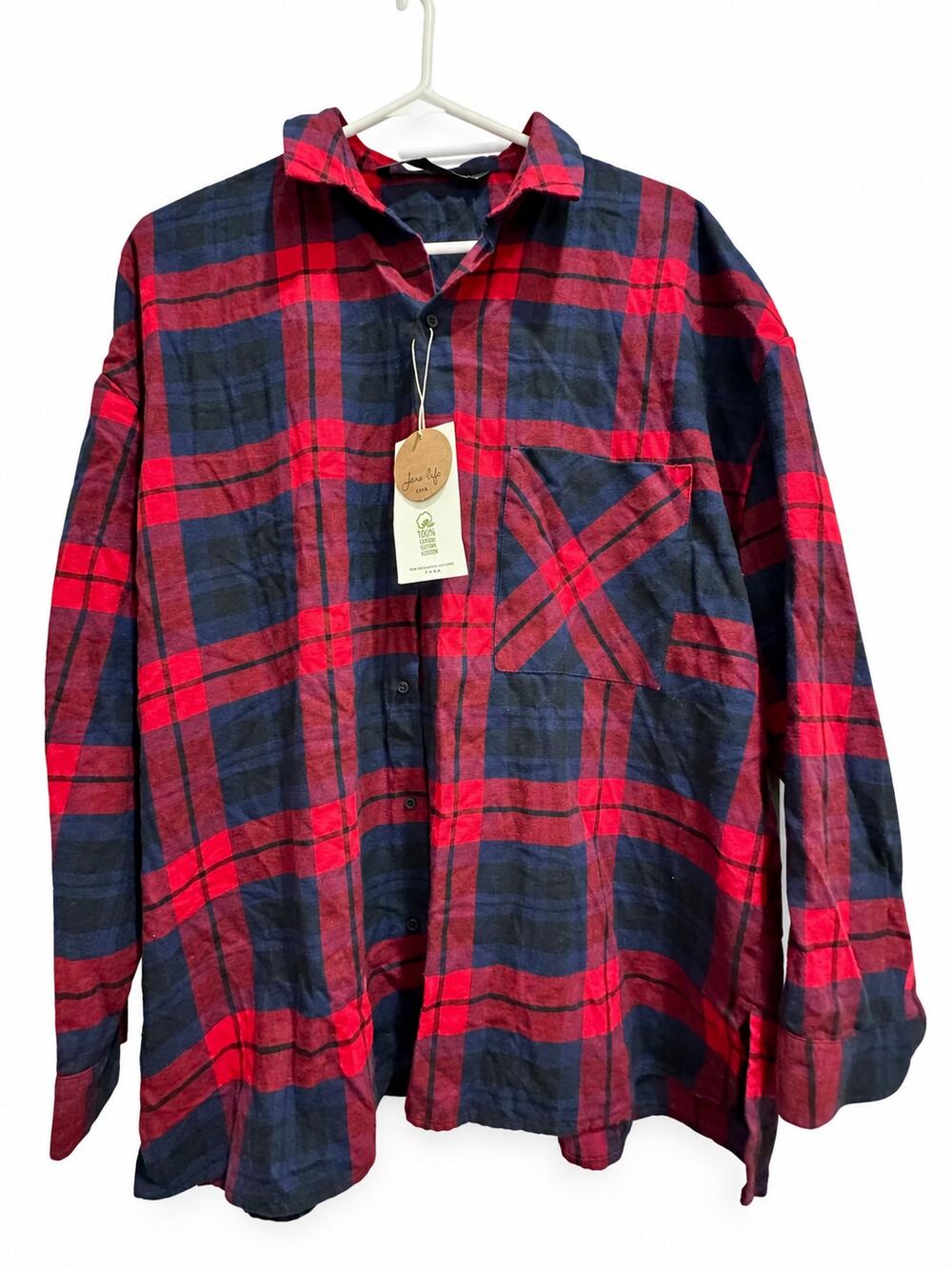 ZARA Join Life Women’s XL Red Navy Plaid Organic Cotton Flannel Shirt NWT